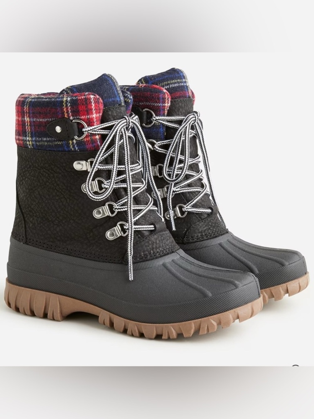 J. Crew Black Duck Boots with Red & Blue‎ Plaid Cuff